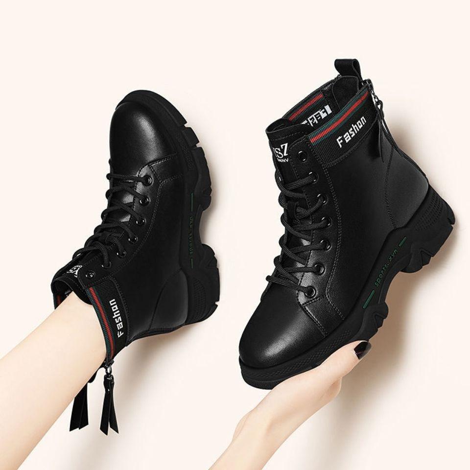 Martin Boots Women's Flat British Style Short Boots Women's Spring and Autumn Women's Shoes Leather Black Leather Boots