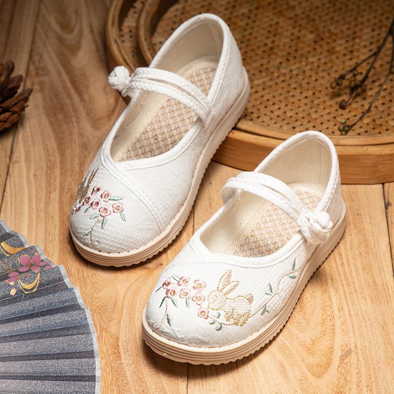 Children's Shoe for Girl Retro Style Embroidered Princess Causal Hanfu Flat Shoes Fashion Cute Rabbit Kids Ancient Dress Shoes
