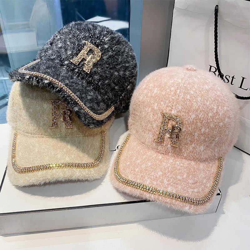 Hat Women's Autumn and Winter Versatile Trend Rhinestone Alphabet Baseball Cap Fashion Plush Warm Cap Women's Winter