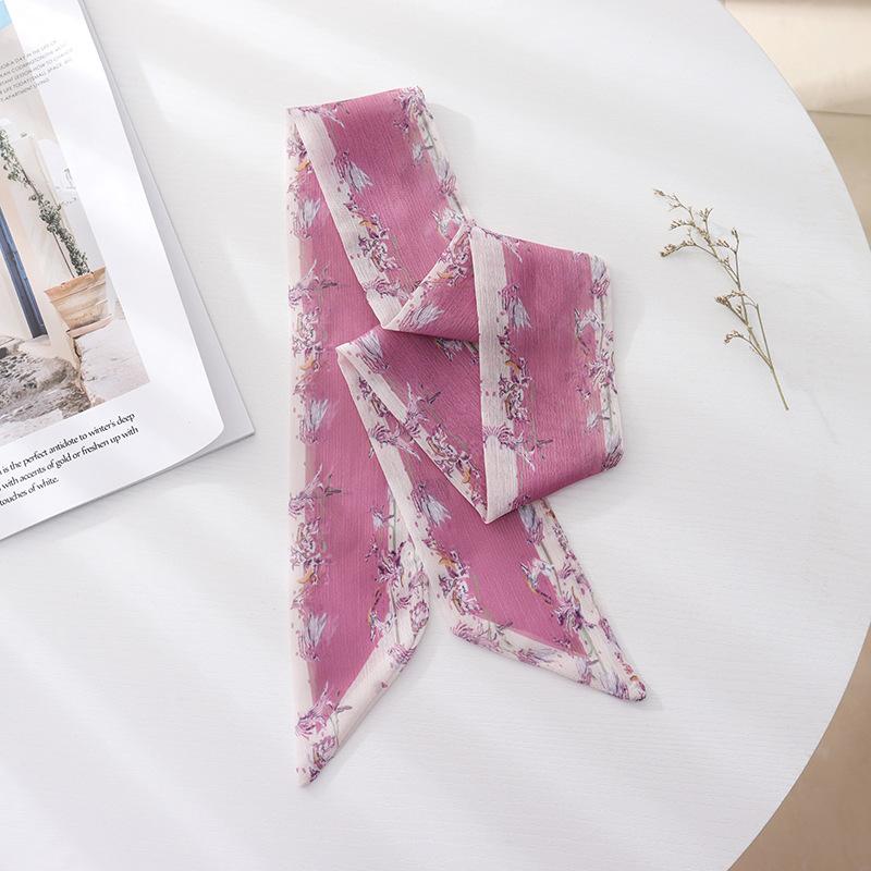 Summer French Retro Pink Tied Hair Small Floral Long Silk Scarf Headband Braided Hair Chiffon Thin Ribbon Scarf
