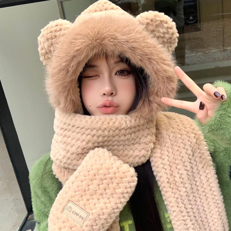 Bear plush hat scarf integrated women's winter cute autumn and winter three-piece set winter warm new