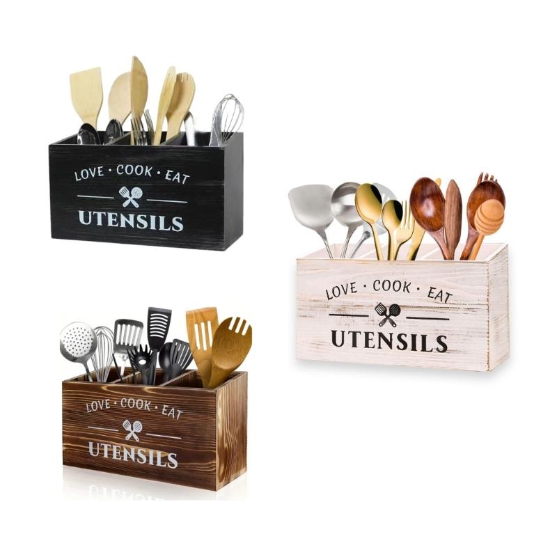 Porta Utensili in Legno Rustico Con Scomparti Profondi Per Organizzare Oltre 40 Strumenti e Accessori da Cucina
