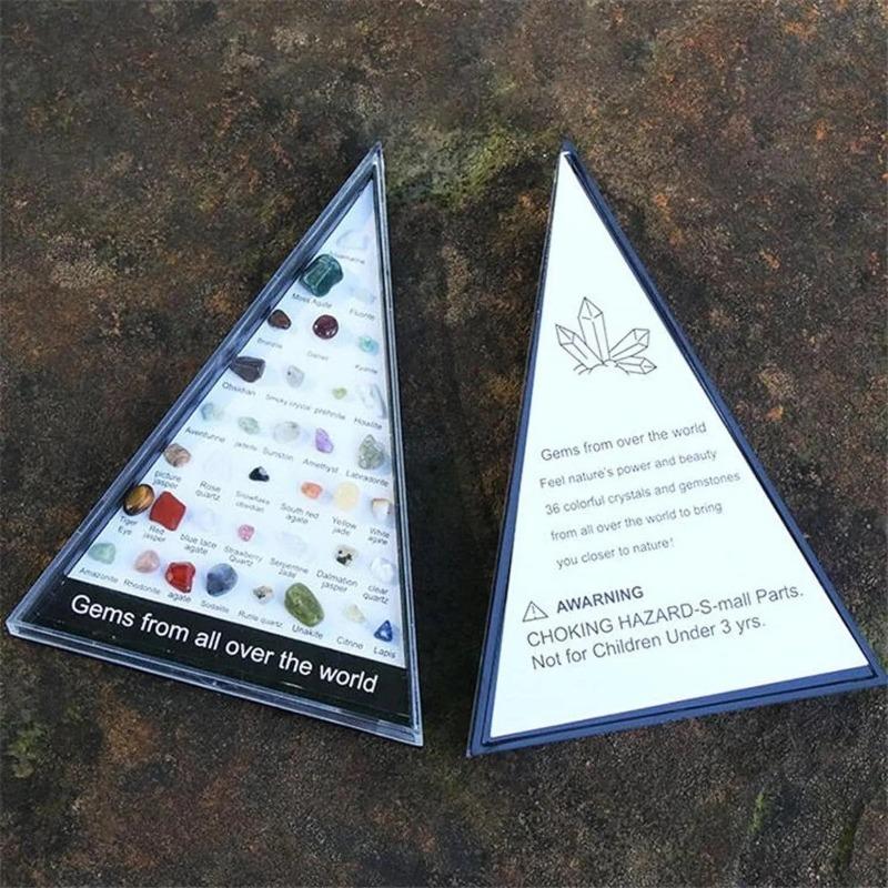 Gems from All Over The World ,32 Types of Natural Crystal Gemstone Moon Shaped Set, Rocks Set with Educational Display Case