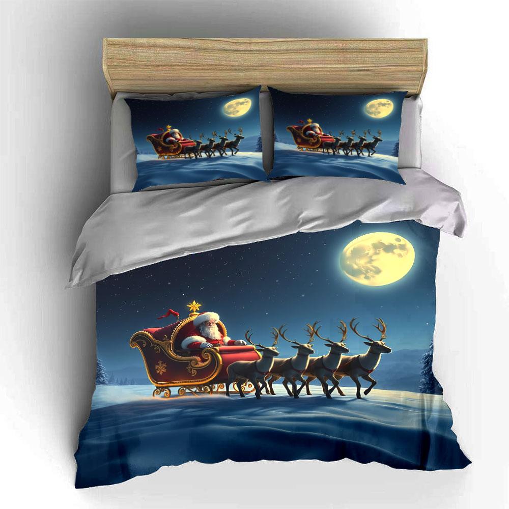 Santa Sleigh with Reindeer Scene Bedding Duvet Cover Set Duvet Cover Pillowcases  (1*Duvet Cover 2*Pillowcases, Without Duvet Insert)