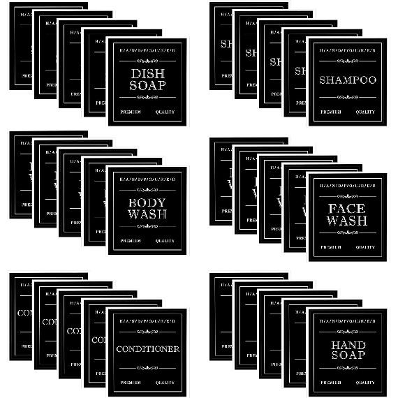 Waterproof Labels for Bottles, 30Pcs Removable Bathroom Organization Stickers for Hand/Dish Soap Shampoo Conditioner Body/Face Wash, Toiletry Labels