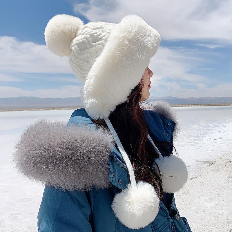 Thicken Hat New Style Ladies Fur Ball Plus Velvet Warm Hood Outdoor Autumn and Winter Cold-proof Fashion Cute Woolen