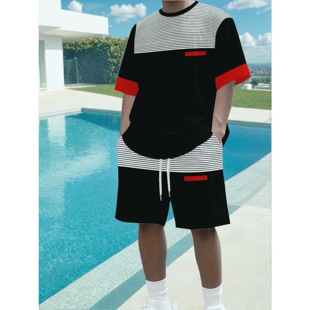 Striped Patchwork Red Label Short Sleeved T-shirt Shorts