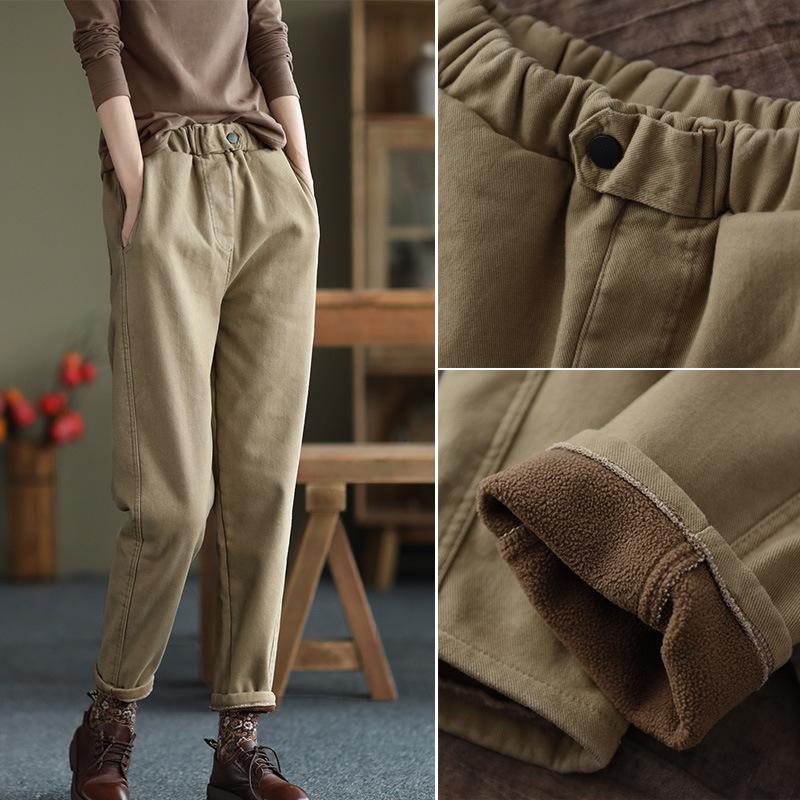 Damen Warme Slim Fit High Waist Haremshose - Plüsch Knöchellange Lange Hose mit Taschen Elastischer Bund für Sport