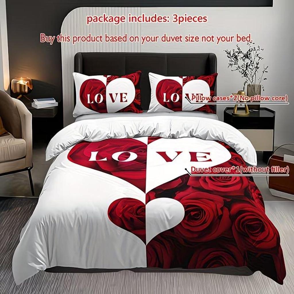 3pcs Duvet Cover Set Featuring High-Definition Printed Red And White Heart Roses with Letters Love Gifts for Couples Anniversary