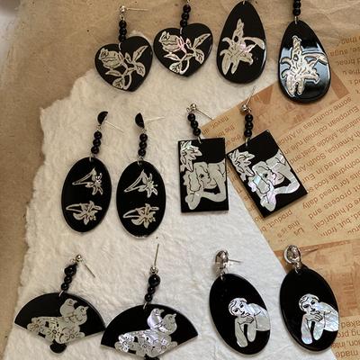 Flower Ink Painting Fringed Ear Hook Guochao Versatile Temperament Earrings Antique Elegant Personalized Earrings
