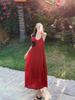 Retro Floral Red Suspender Dress Women's Summer New Waist A Word Thin French Temperament Long Dress