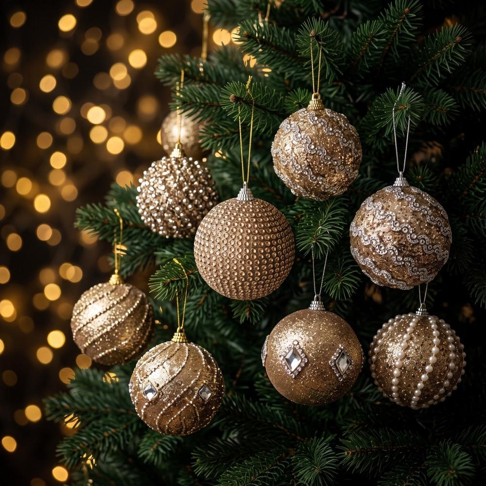 6/8PCS 8CM Sparkling Golden Christmas Balls with Sequins Foam Xmas Spheres Pendant Photo Prop