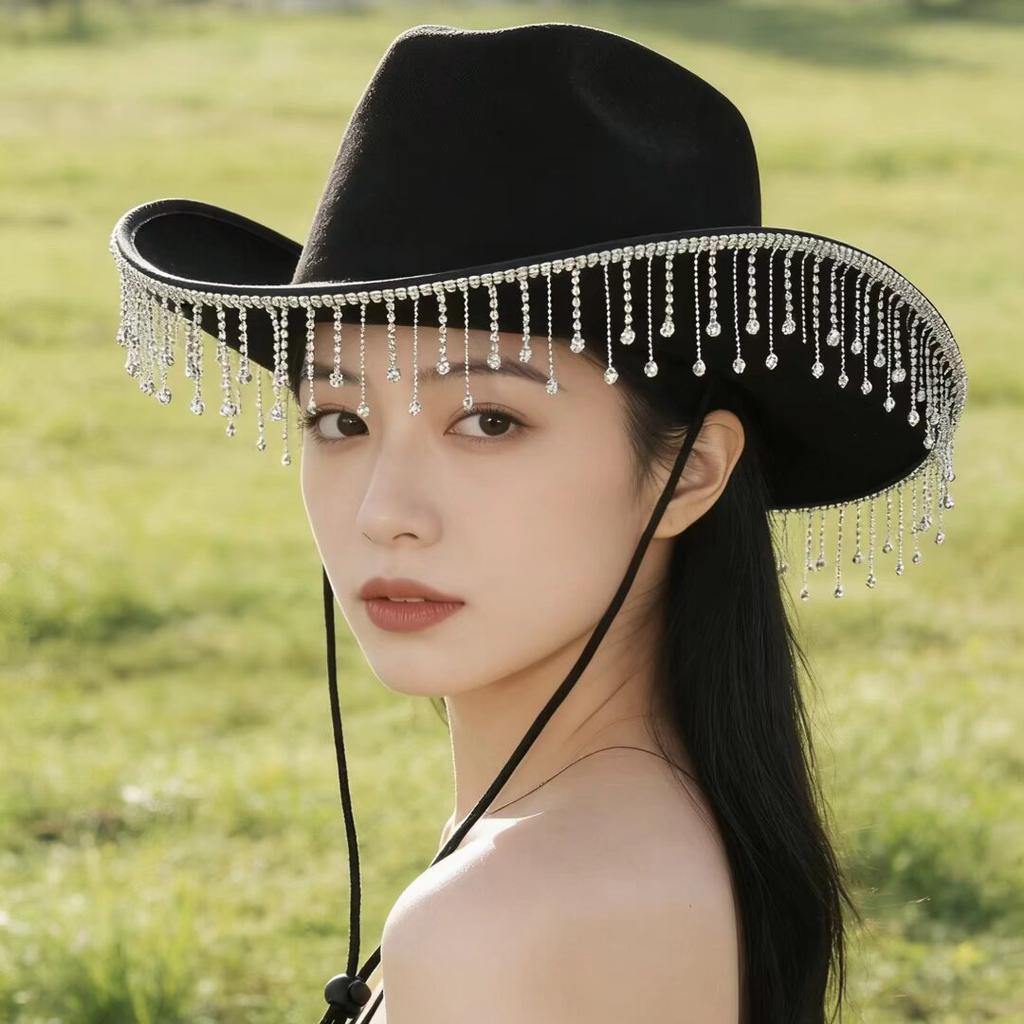 European and American New Party Party Fringed Rhinestone Top Hat Nightclub Style Party Jazz Hat Diamond Chain Decorative Hat Tide