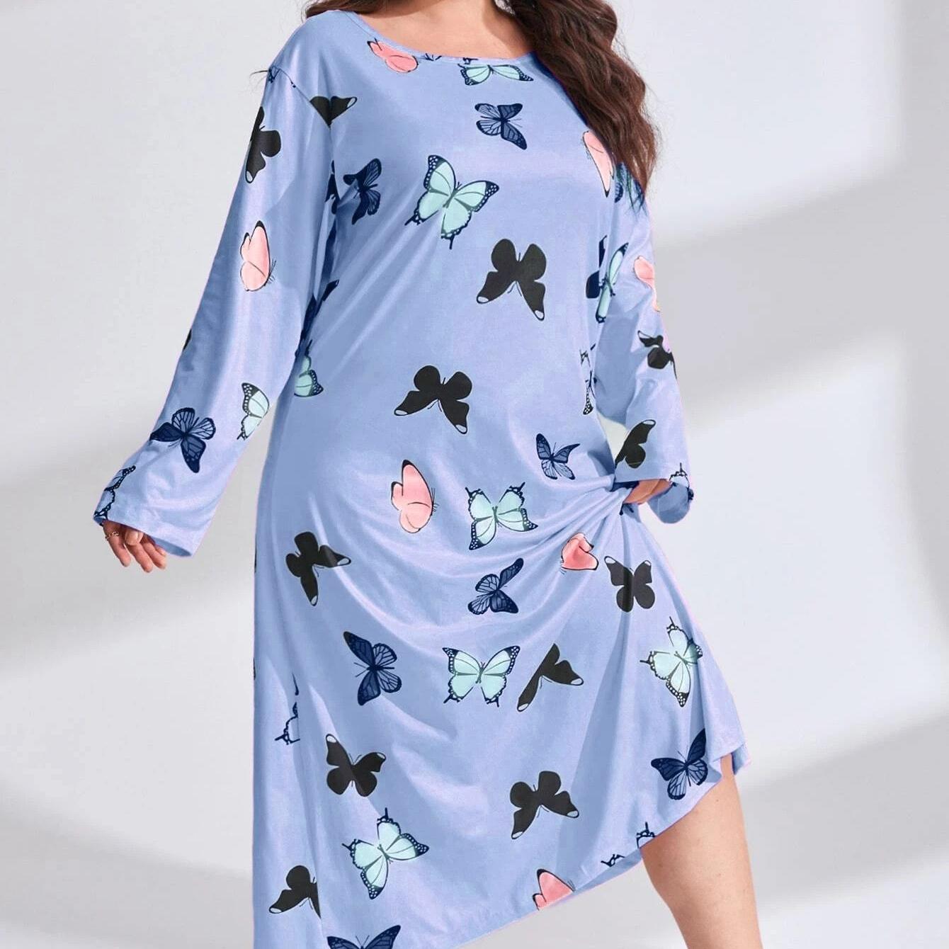 

GMXIA женская мода лето-весна с леопардовым принтом и сердцем-бабочкой с длинным рукавом и круглым вырезом свободная повседневная ночная рубашка платья 5XL небесно-голубой
