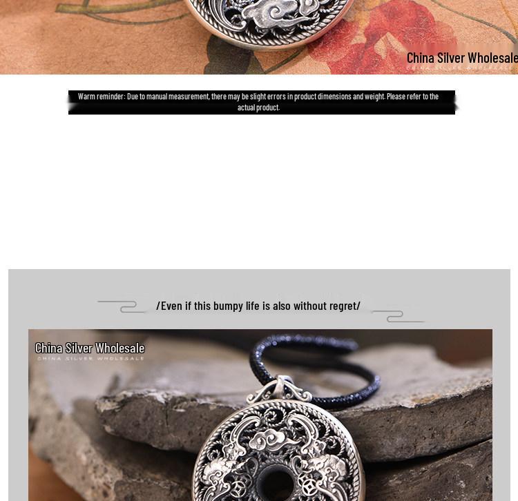 Sterling Silver S999 Unisex Auspicious Cloud & Bat Necklace - Retro Good Luck Peace Buckle Pendant.