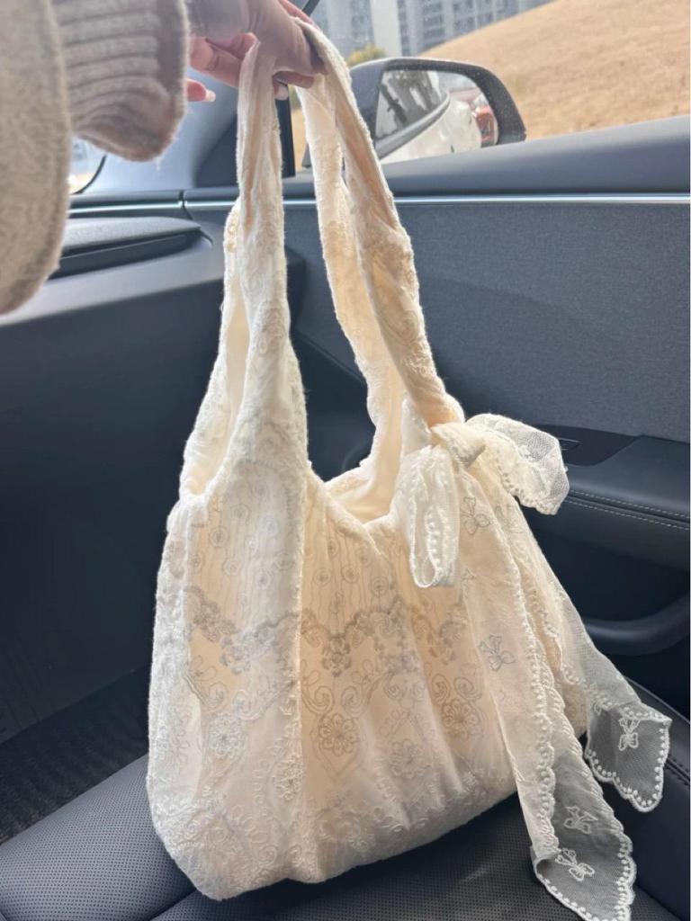 Korean Lace Flower Canvas Tote Bag - Women's Large Capacity Shoulder Bag for Commuting