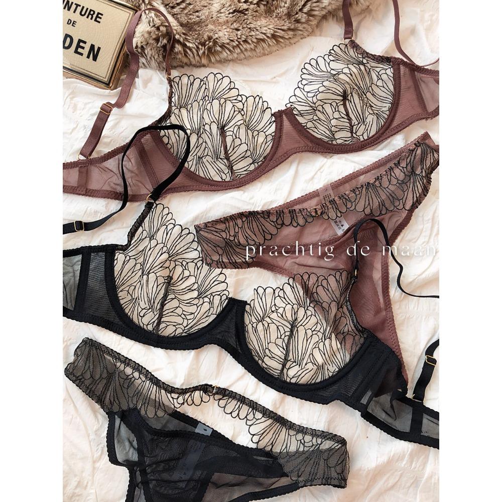 Summer Lace Ultra Thin Women Underwear French High Quality Feather Push Up Bra Set Sexy Brassiere and Hollow Panties Sets Ladies