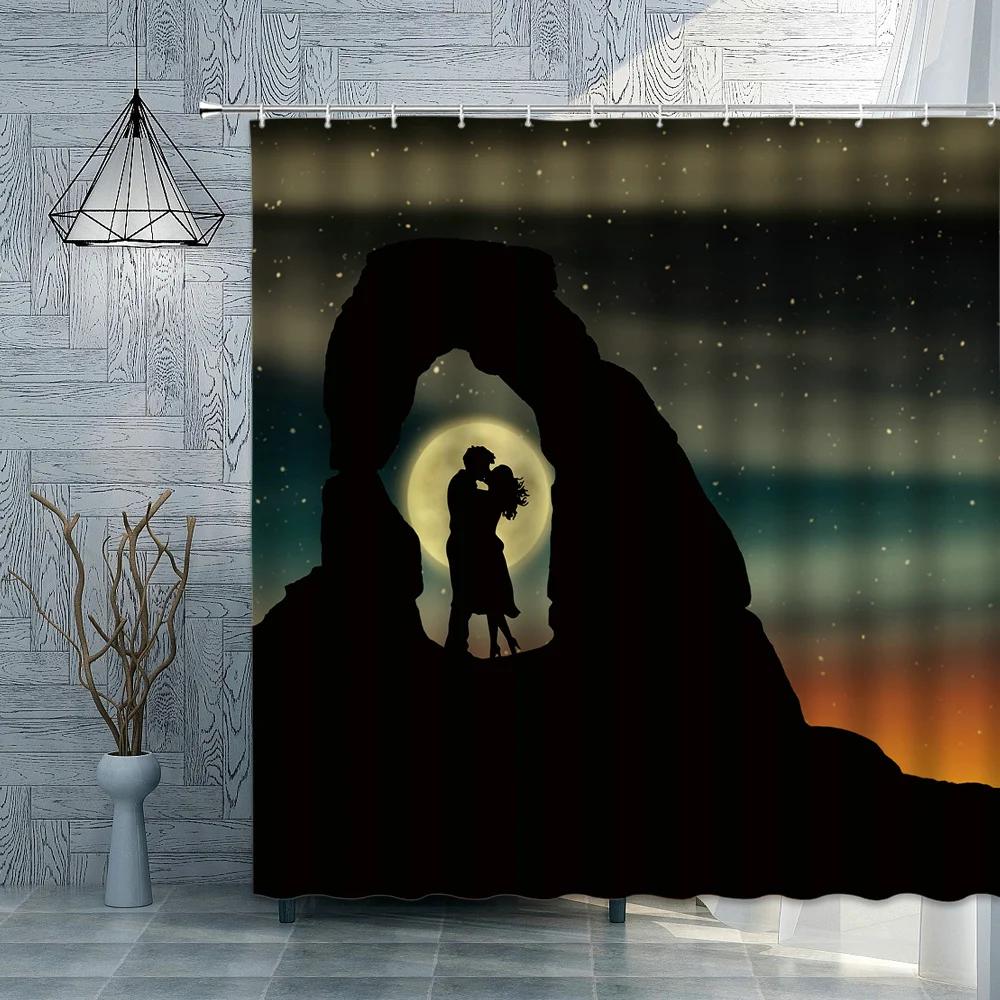 Romantic Lover Shower Curtains Moon Couple Waterproof Polyester Fabric Bathroom Curtain 3D Valentine's Day Decoration