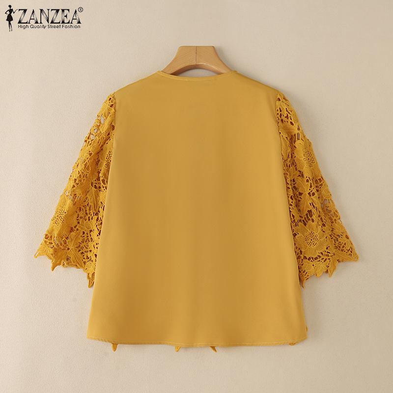 ZANZEA Womens Casual 3/4 Sleeve Lace Crochet Patchwork Loose Blouse