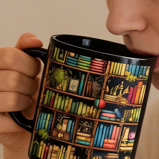 Stained-Glass Bookshelf Mug 11oz Ceramic Coffee Mug Literary Gift for Book Lovers Unique Home Office Decor