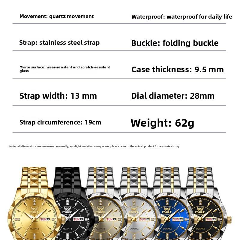 Rhombus Cut Couple Watch, A Pair of Steel Straps, Double Calendar Men's Watch, Luminous Waterproof Women's Watch, High-end