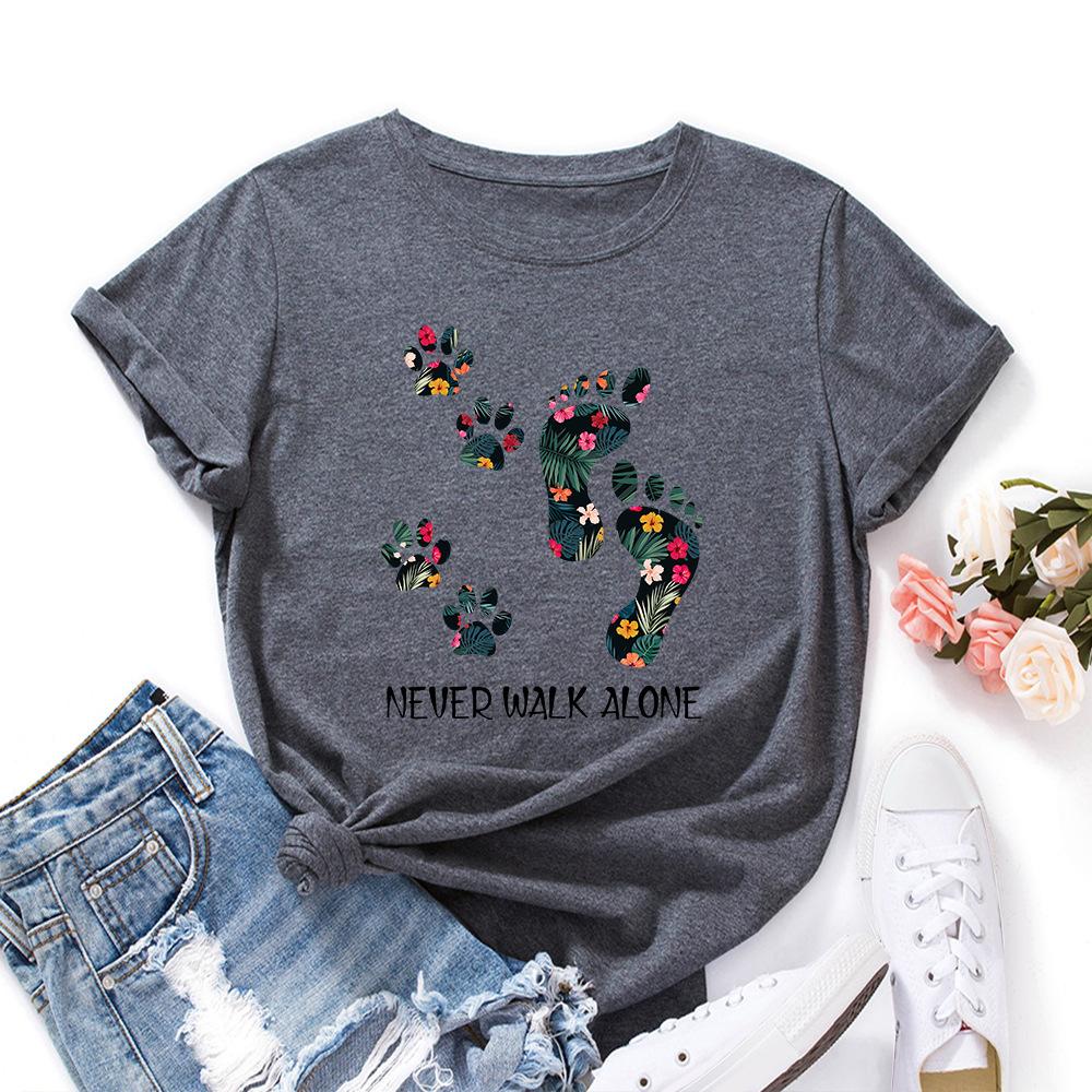 Never Walk Alone Cotton T-Shirt Short Sleeve Round Neck Women 2d Print Tops