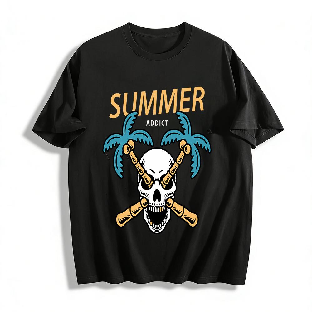 

Summer Skull Coconut Tree Print Casual Vacation Loose T-shirt Pure cotton T-shirt 6XL