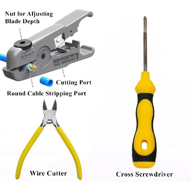 rj45 Crimp Tool Kit, Pass Through Cat7 Cat6A Cat6 Cat5e Cat5 rj45 Crimping Tool with 10PCS Cat7 Shielded Connectors 10PCS Covers 20PCS Cat6 Pass