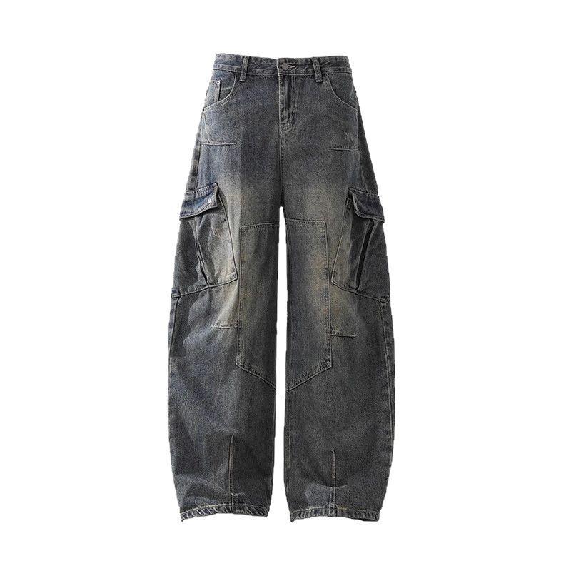 Vintage Washed Distressed Scimitar Jeans 2025: Men's & Women's Loose Wide Leg Work Pants with Multi-Pockets