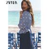 Zaprha 2025 Summer New Versitile Fashion Embroidery Small Plaid V-neck Puff Sleeves Top 3564052