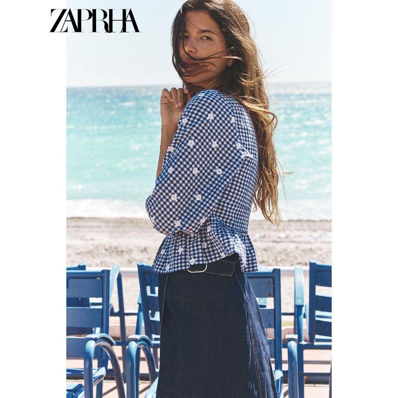 Zaprha 2025 Summer New Versitile Fashion Embroidery Small Plaid V-neck Puff Sleeves Top 3564052