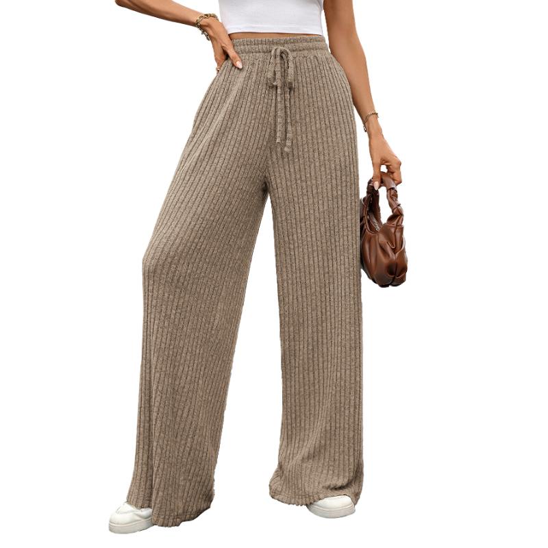 2025 Autumn and Winter New Solid Color Drawstring Groove Strip Brushed Elastic Waist Casual Pants