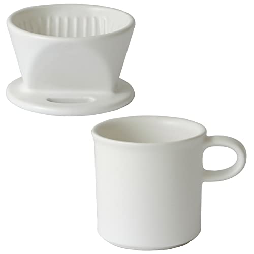 Kamoshika Douguten Ceramic Coffee Dripper and Mug Set for One Person, Banko Ware, Made in Japan (White)