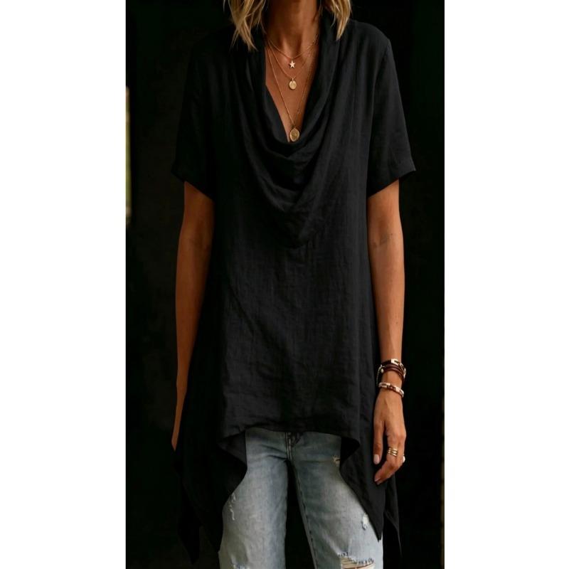 Women Casual Loose Cowl Neck Short Sleeve Asymmetric Hem Solid Blouse