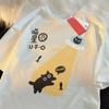 Cute Black Cat and Ufo American Retro Short Sleeved T-shirt Women 2025 Summer New Korean Ins Neutral Style Round Neck Top