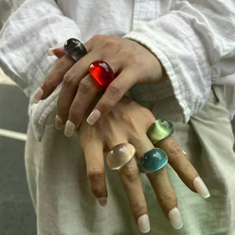 Ins Styl Vintage Nepravidelný Průhledný Barevný Pryskyřičný Prsten Nový Trend Boho Geometrické Prsteny na Prst Estetické Šperky Doplňky