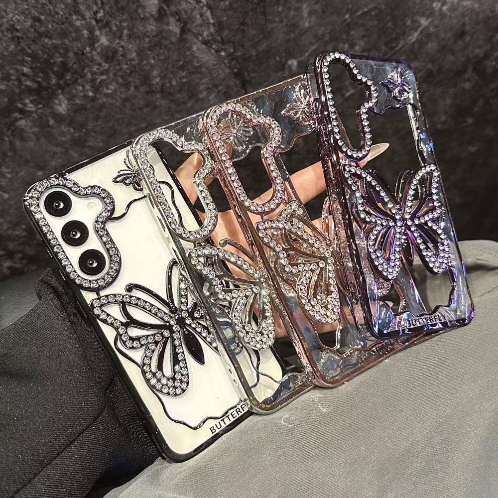 Bright Diamond Butterfly Case For Samsung Galaxy S25 S24 S23 S22 Plus Ultra A16 A26 A36 A56 A07 A17 A06 A55 A05S Clear Cover