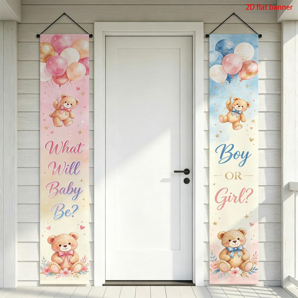 2D Flat, 2pcs Baby Gender Reveal Banner with Pink & Blue Balloons, Teddy Bears, Hearts & Suitable for, Baby Shower Party Decorations, Door Hanging Gar