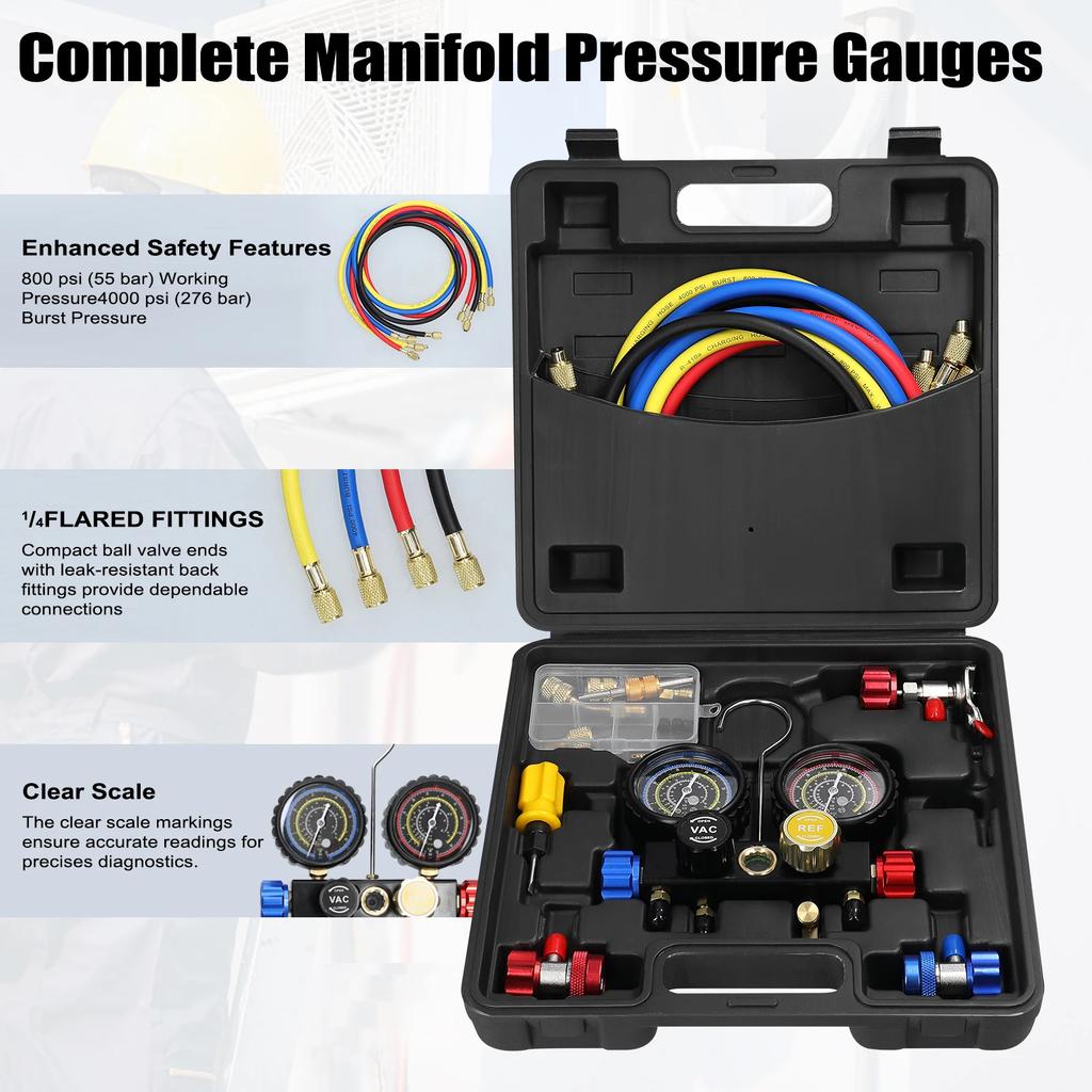 Manifold Gauge Set Air Conditioning Refrigerant Charging Tool 4-Way Dual-Value Pressure Gauge with 5ft Hose Brass