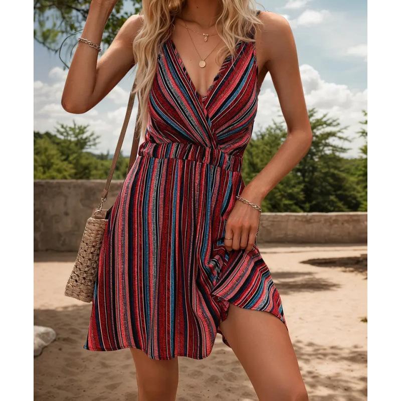 Summer new striped v-neck suspender dress exotic bohemian vacation dress