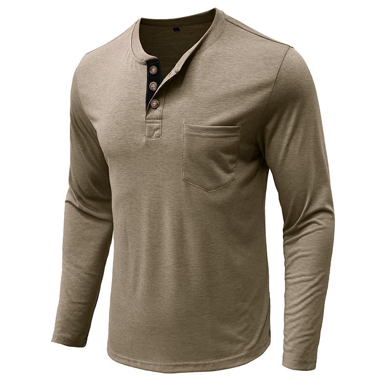 Men's Long-Sleeve Round Neck Henley Collar Base Layer T-Shirt