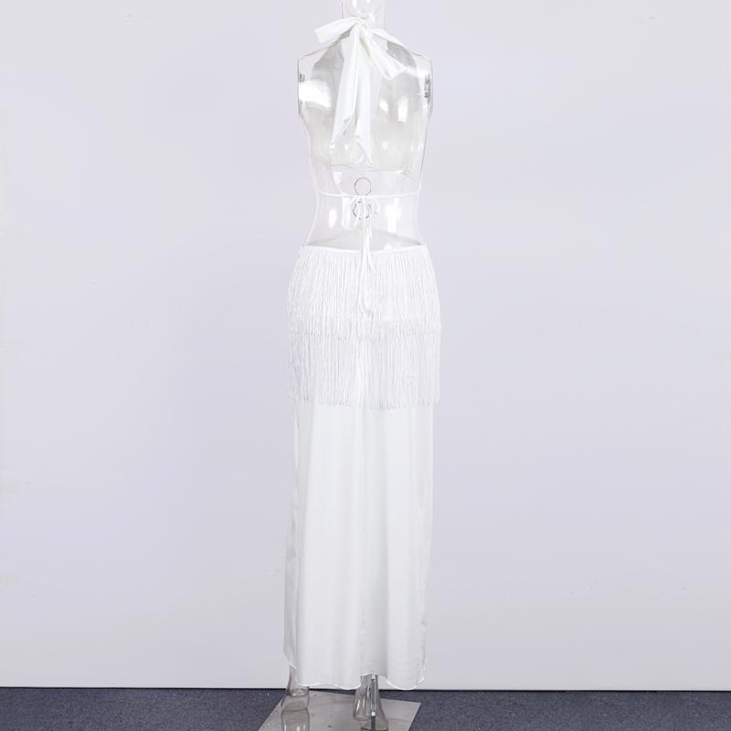 Tassel Hollow Out Backless Split Halter Dress Women Sexy White Off Shoulder Long Dresses Lady Fashion Beach Vestidos