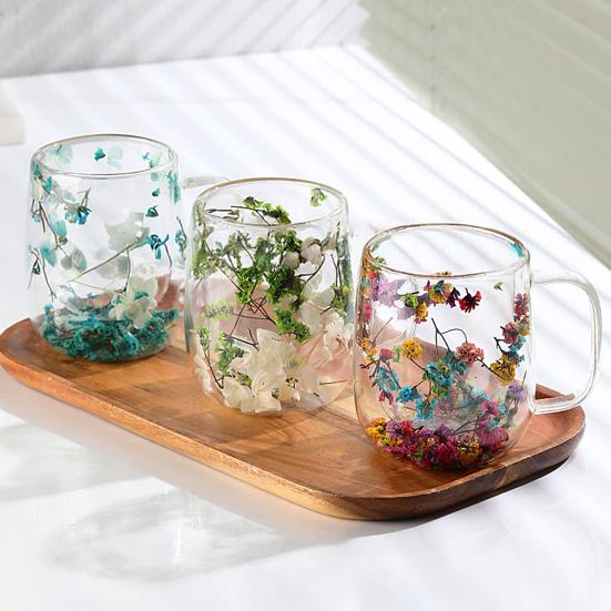 Double-Wall Dried Flower Glass Mug with Handle 350ml Borosilicate Glass Coffee Cup for Hot Cold Drinks Heat-Resistant Clear Unique Gift for