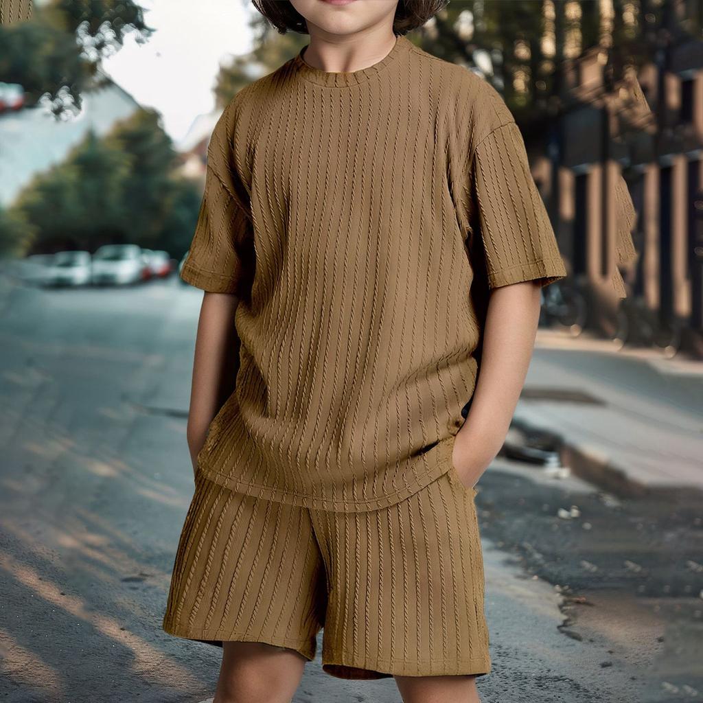 Children's 2 Piece Outfits Short Sleeve Crewneck Summer T Shirt And Drawstring Casual Track Shorts Set