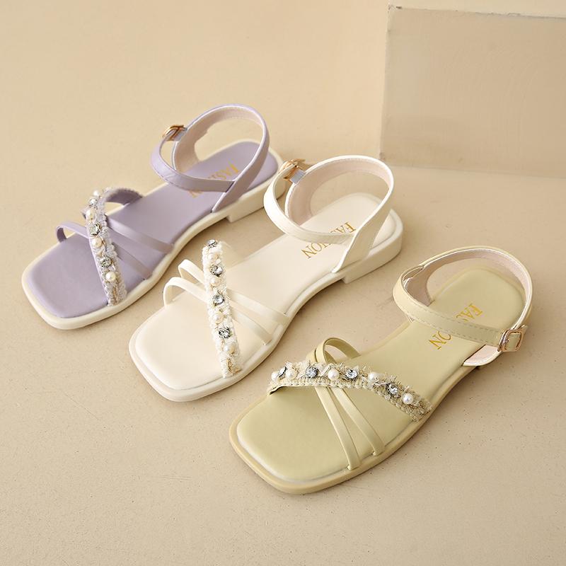 Aphixta New Pearl Dec Woman Sandals Shoes Square Toe Cross Strap Buckle Luxury Diamond Summer Shoes Sweet Low Heel Shoes Size 41