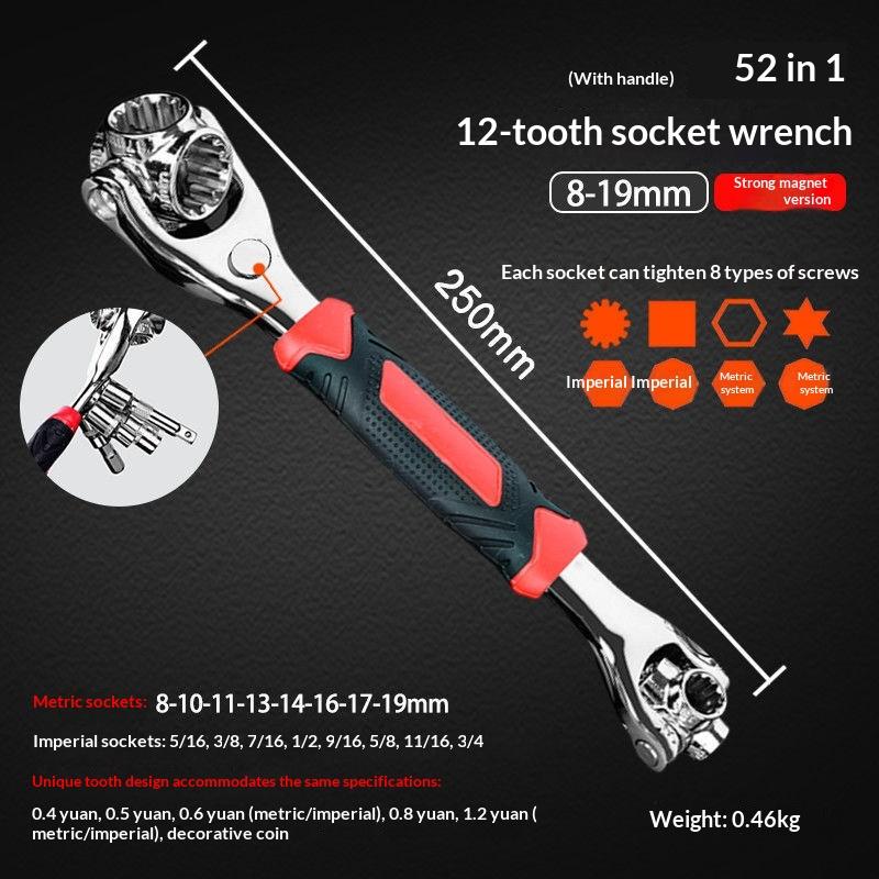 52/48 In 1 Hand Spline Bolts Sleeve Works Multi-Tool Set Universal Ratchet Socket Multipurpose Wrench With 360 Degree Rotation