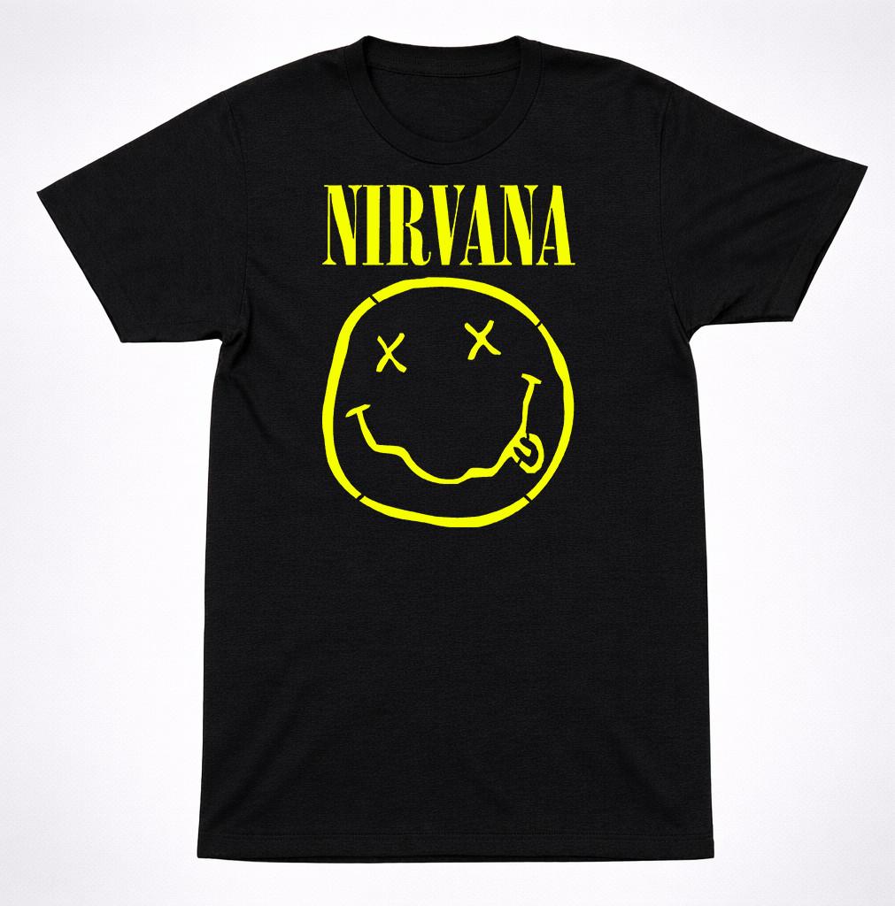 Nirvana Smiley Face Logo T-Shirt Yellow Graphic Grunge Rock Band Tee S