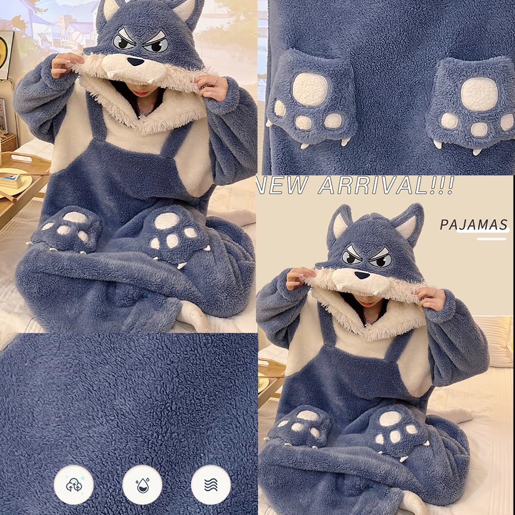 Bwgoroku Women's Wolf Kigurumi Pajamas, Long Sleeves, Fluffy Animal Costume, Funny Gift, Room Wear (Size L, Blue)