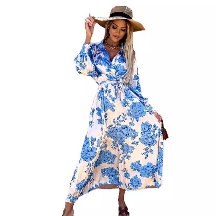 European and American New Long-sleeved Pleated Waist Printed V-neck Dress for Women