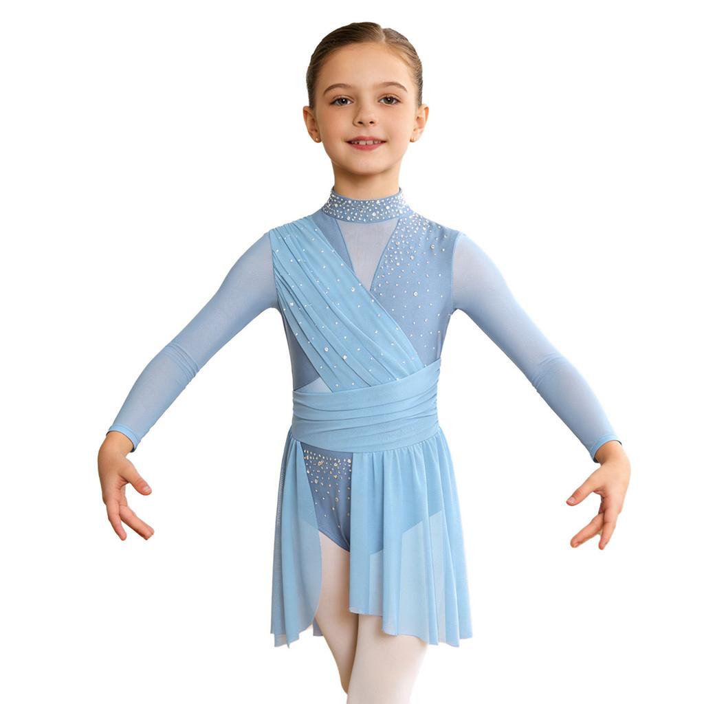 Girls Rhinestones Lyrical Dress Long Sleeve Mock Neck Cutout Back Side Split Sheer Mesh Ruched Costume